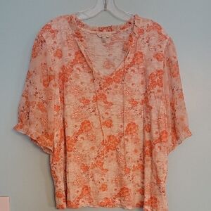 Lucky Brand Pink Floral Blouse with Flutter Sleeves